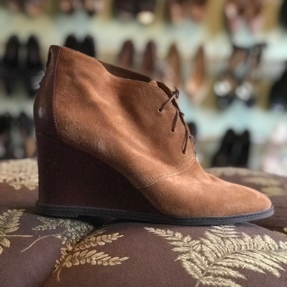 Etienne Aigner E-Zita caramel lace wedge booties